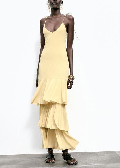 Yellow Ruffled Patchwork Chiffon Spaghetti Strap Dress Summer