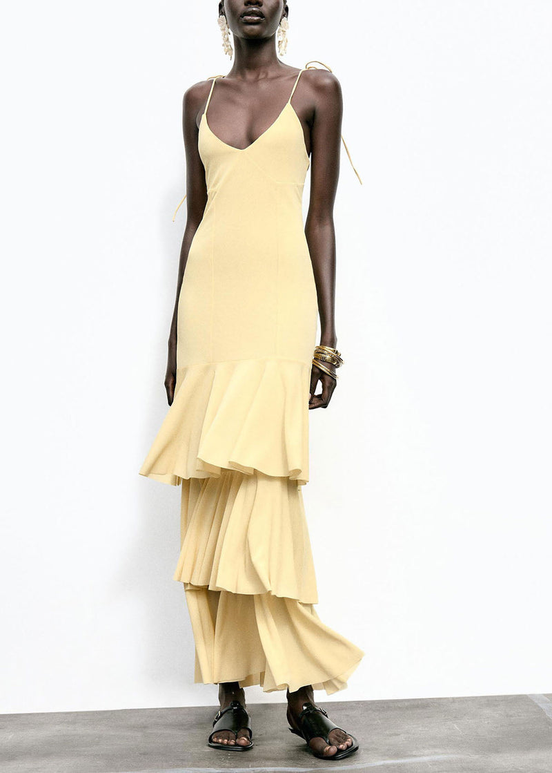 Yellow Ruffled Patchwork Chiffon Spaghetti Strap Dress Summer