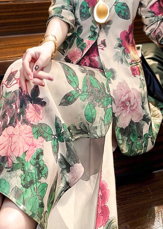 Peter Pan Collar Print Silk Two Pieces Set Fall