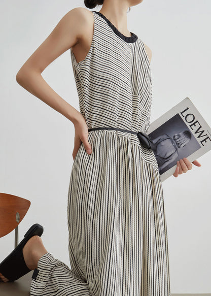French Striped Pockets Patchwork Cotton Long Dresses Sleeveless