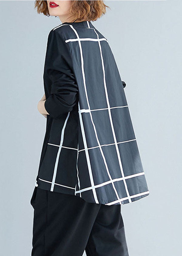 Stylish Black O-neck Drawstring Patchwork Plaid Cotton Loose Sweatshirts Top Spring