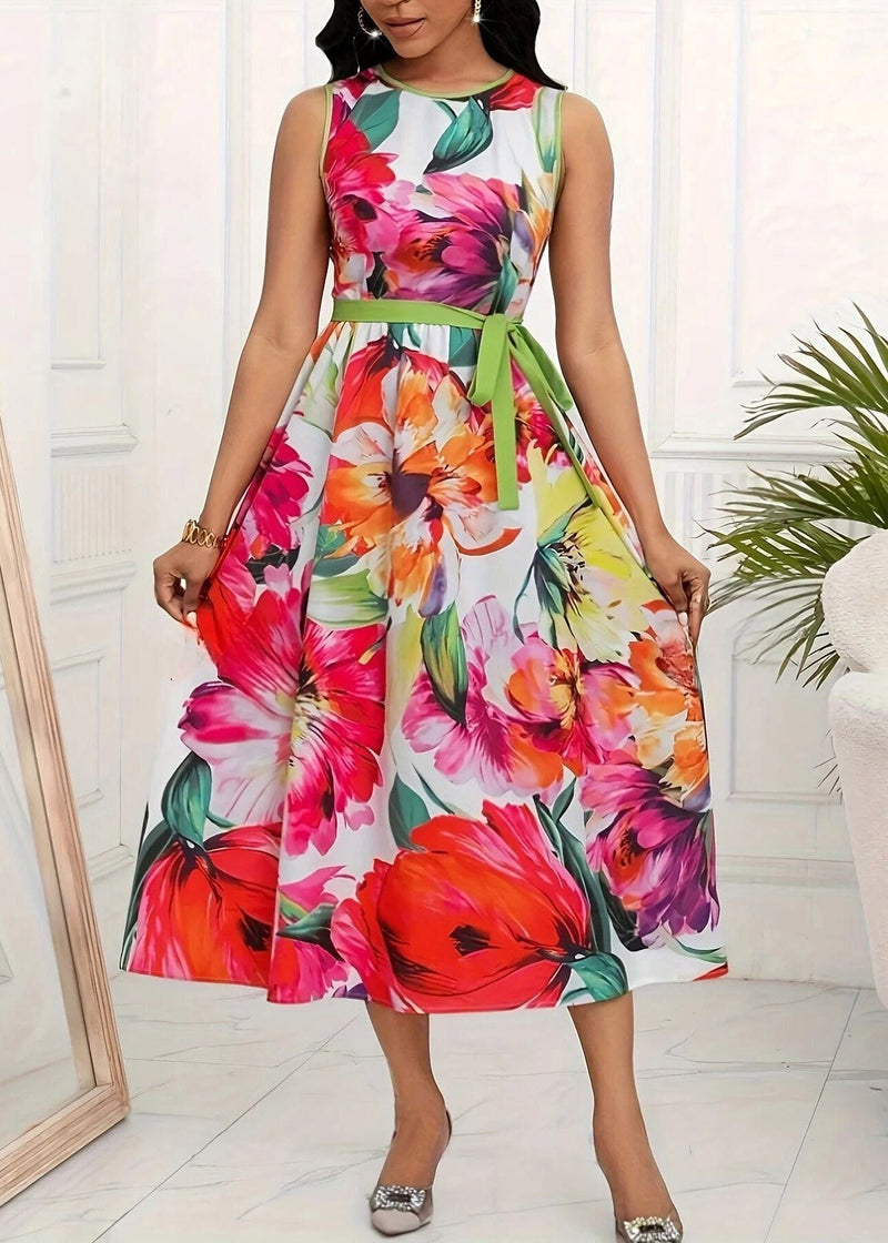 Red O-neck Print Tie Waist Maxi Dress Sleeveless Summer