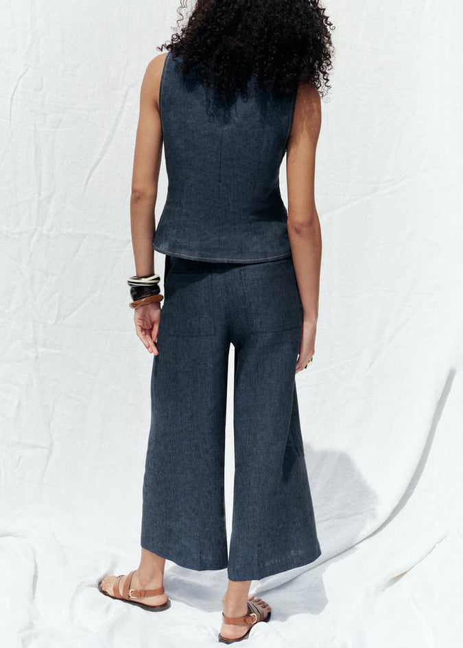 New Navy O Neck Button Tops and Crop Pants Denim Two Pieces Set Sleeveless
