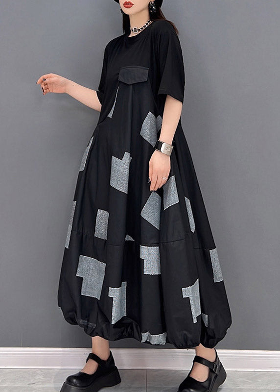 Vogue Black O-neck Print Patchwork Long Dress Short Sleeve
