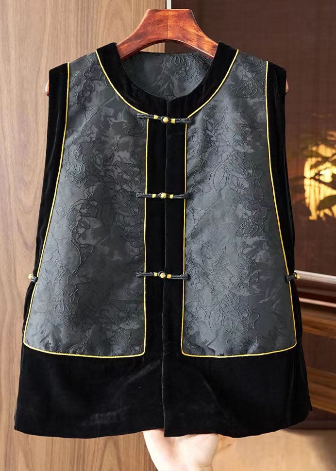 Black O-neck Embroideried Silk Patchwork Waistcoat Sleeveless