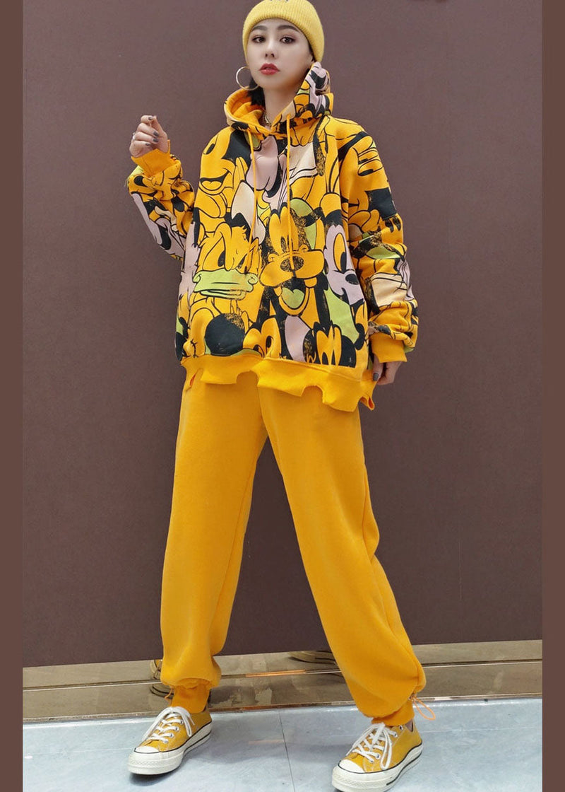 Simple Yellow Hooded Warm Fleece Sets 2 Pieces Spring