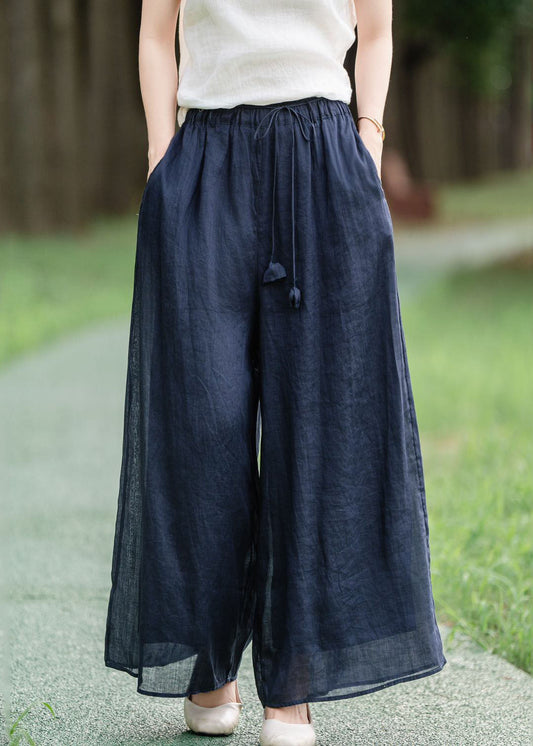 Loose Navy Pockets Elastic Waist Linen Pants Summer