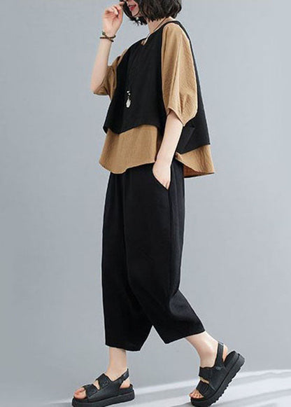Unique Khaki O-neck Patchwork Cotton Tops and Pants Pieces Set Summer