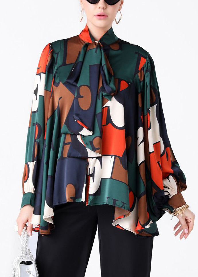 Colorblock Bow Print Patchwork Silk Shirt Spring