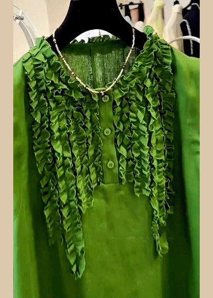 Green Ruffled Button Cotton Mid Dress Sleeveless