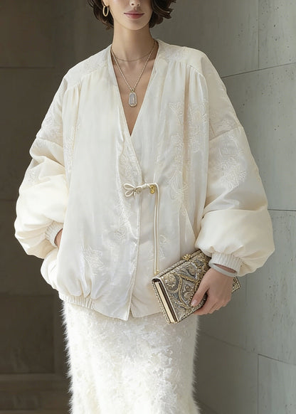 Chinese Style White Embroidered Duck Down Coats Winter