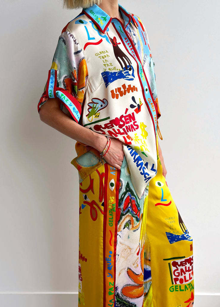 Peter Pan Collar Print Ice Silk Two Piece Set Summer
