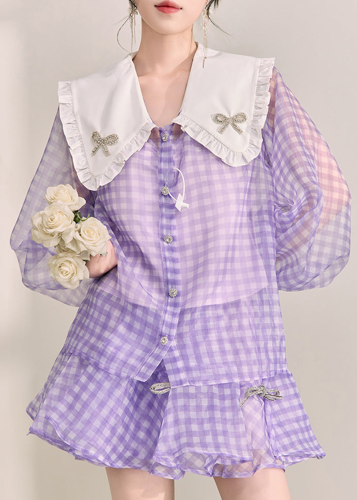 Art Purple Plaid Button Tulle Shirts and Shorts Two Pieces Set Fall