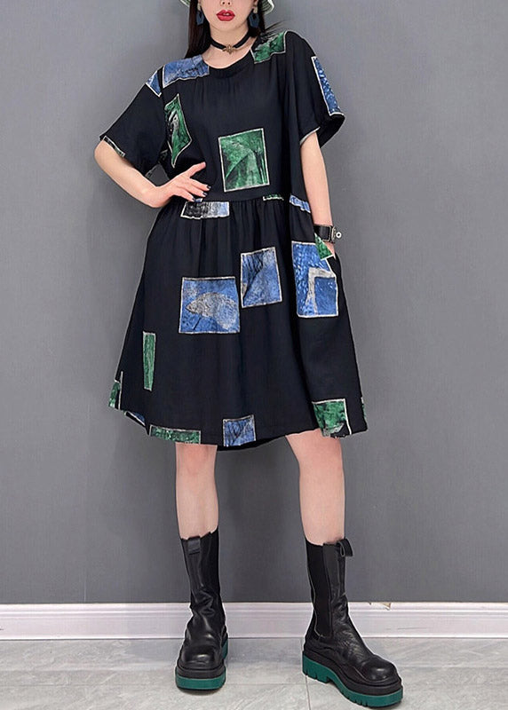 Slim Fit Green O-neck Asymmetrical Print Wrinkled Pockets Dress Short Sleeve