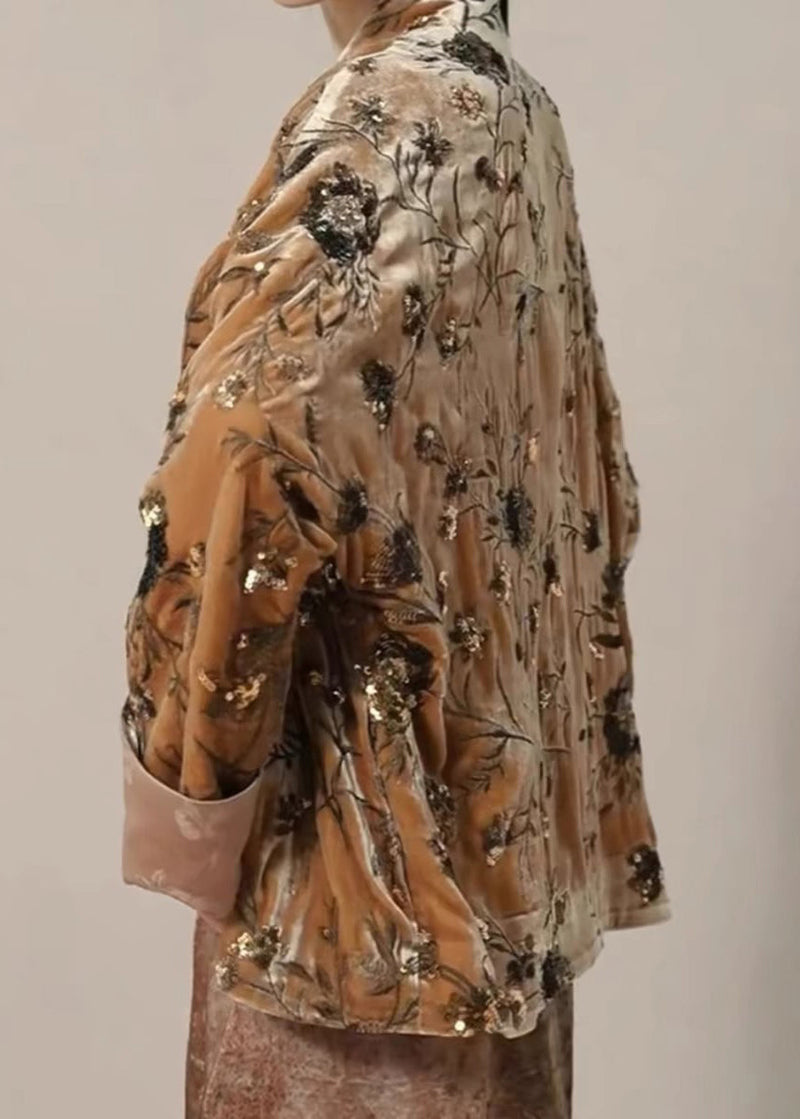 Chinese Style Brown Print Sequins Silk Velour Coat Spring