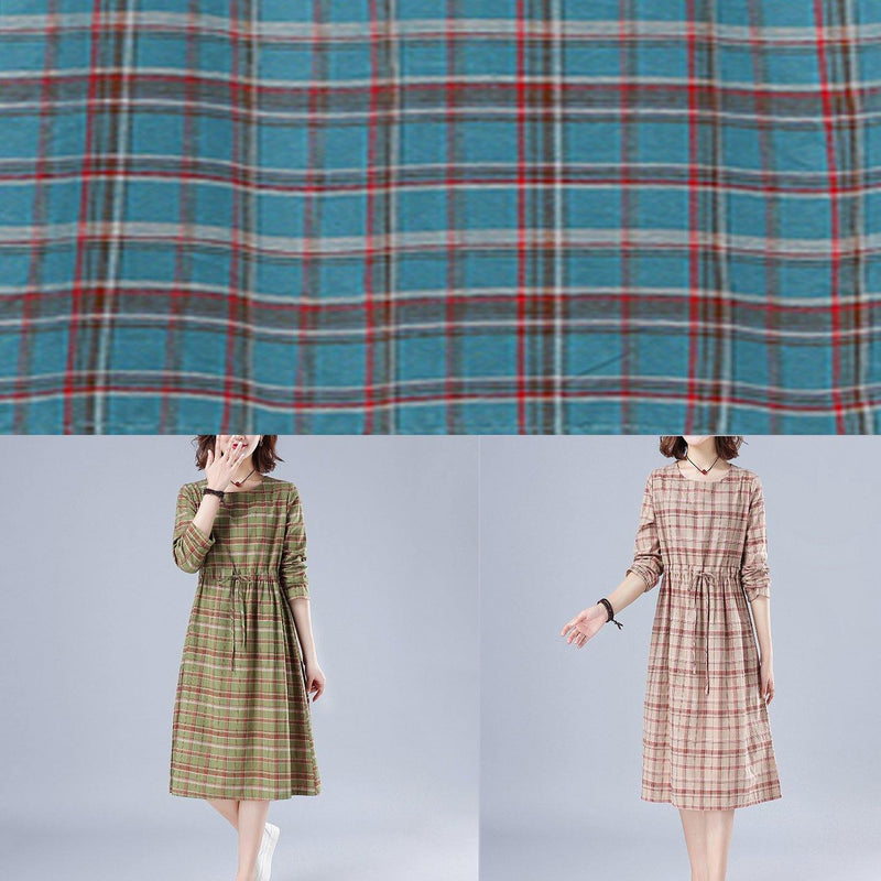 O Neck Drawstring Spring Clothes Ideas Nude Plaid Dresses