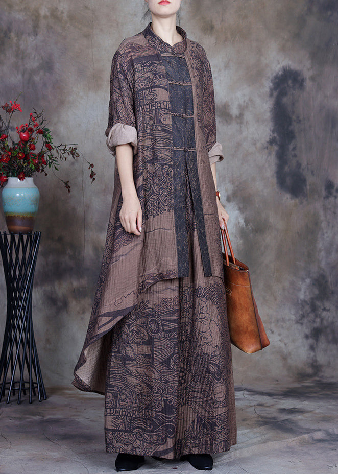 New Coffee Button Print Low High Design Linen Two-piece Set Spring