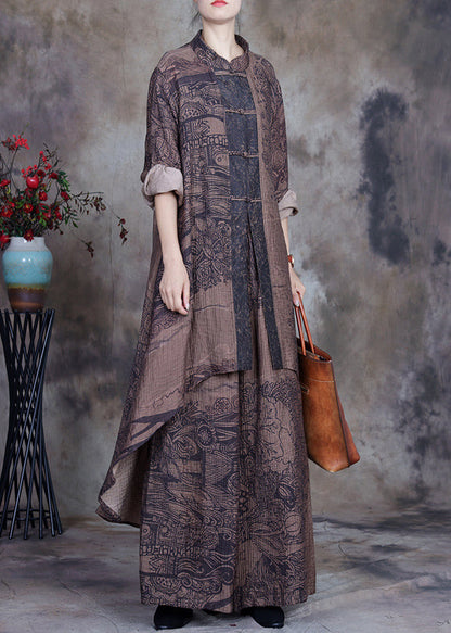 New Coffee Button Print Low High Design Linen Two-piece Set Spring