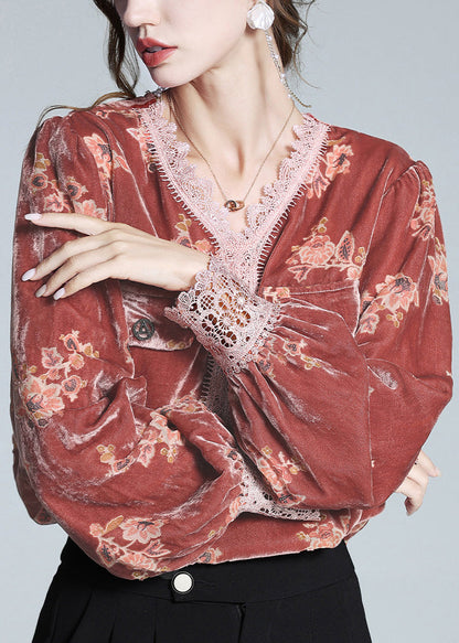 Red V Neck Print Lace Patchwork Silk Velour Top Spring