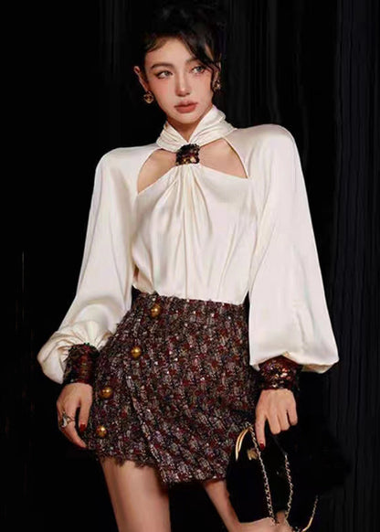 Loose White Sequins Shirts and Skirts Silk Cotton Two Pieces Set Long Sleeve