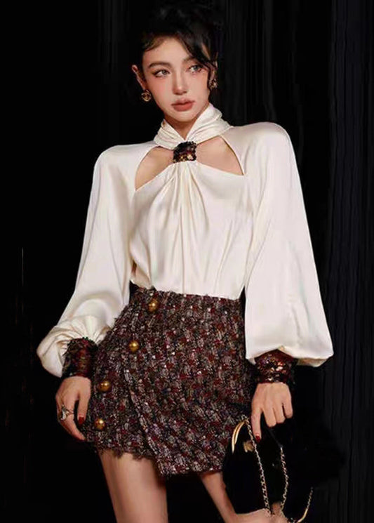 Loose White Sequins Shirts and Skirts Silk Cotton Two Pieces Set Long Sleeve