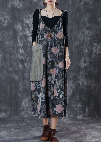 Black Print Patchwork Pocket Denim Cami Dress Spring