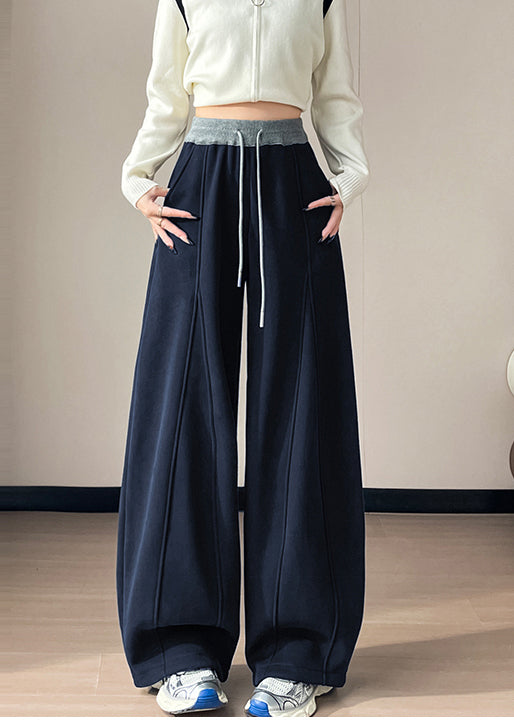Navy Patchwork Warm Fleece Wide Leg Pants Oversized Winter