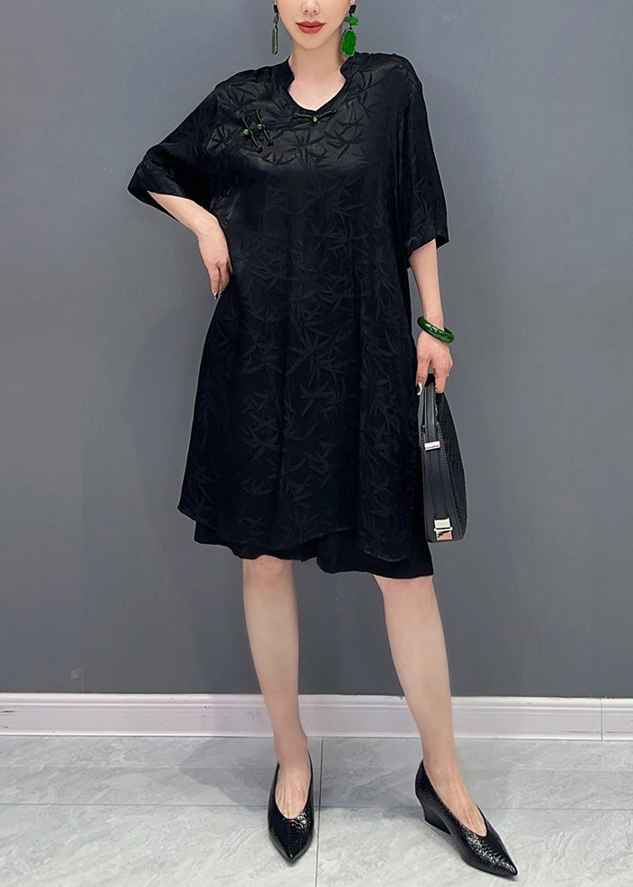 Black Shirts and Shorts Silk Two Pieces Set Chinese Button Summer