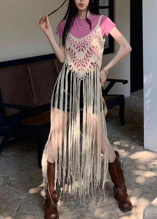 Apricot Tasseled Hollow Out Spaghetti Strap Dresses Summer