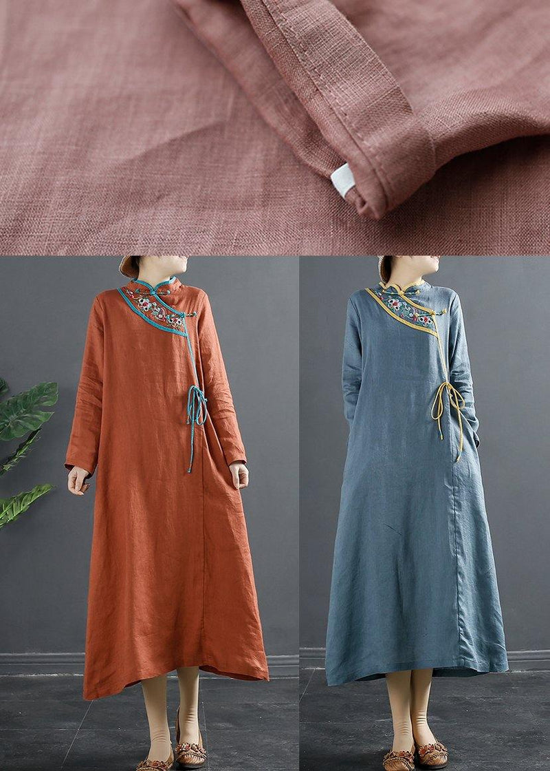 Simple Stand Collar Tunics Pink Embroidery Robe Dresses