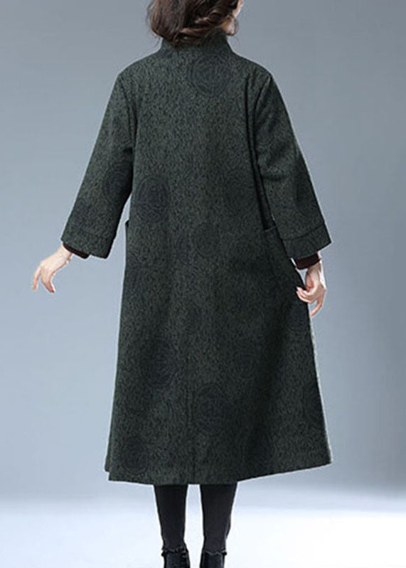 Green Chinese Button Print Pockets Patchwork Woolen Long Trench Coat Fall