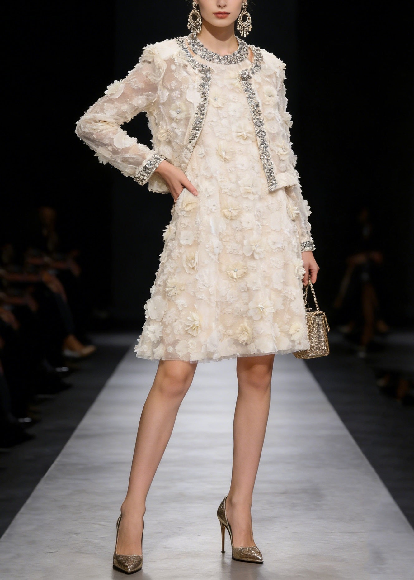 Apricot Coat and Dress Tulle Two Piece Suit Set Spring