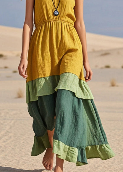 Yellow Patchwork Cotton Cami Dresses Summer