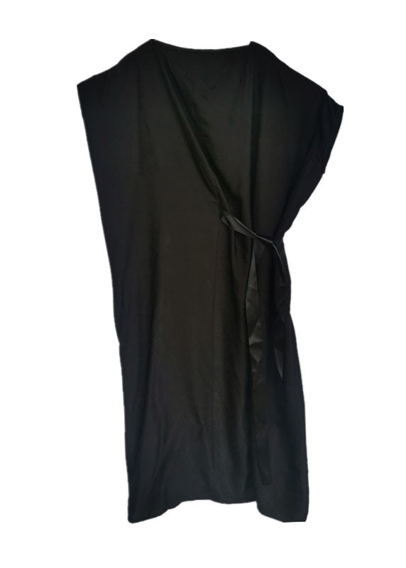 French Black Cinched Loose Wrinkled Long Dress Bat Wing Sleeve