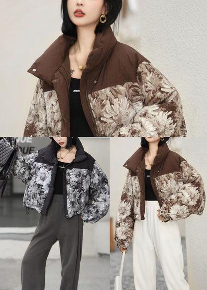 Coffee Print Drawstring Duck Down Puffers Coats Winter