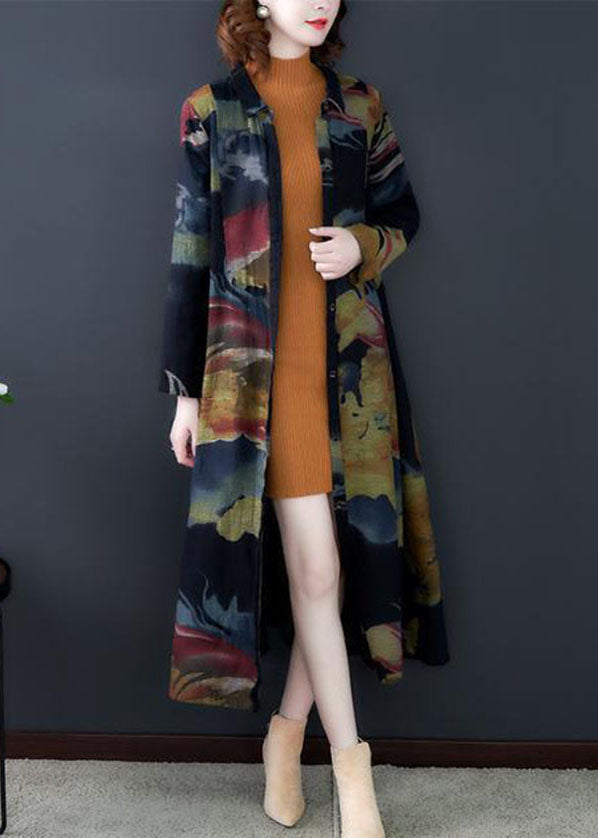 Black Turn-down Collar Print Cotton Long Trench Coats Long Sleeve