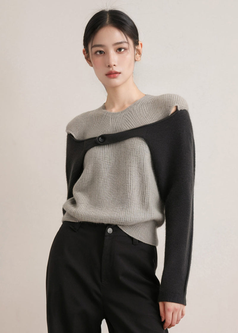 Grey O Neck Patchwork Woolen Knitted Tops Fall