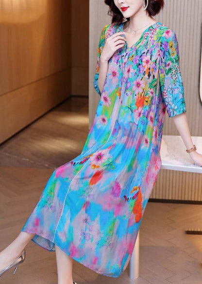 V Neck Print Silk Long Dresses Half Sleeve