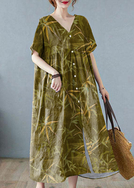 Green Bamboo Retro Button Summer Print Half Sleeve Maxi Dress
