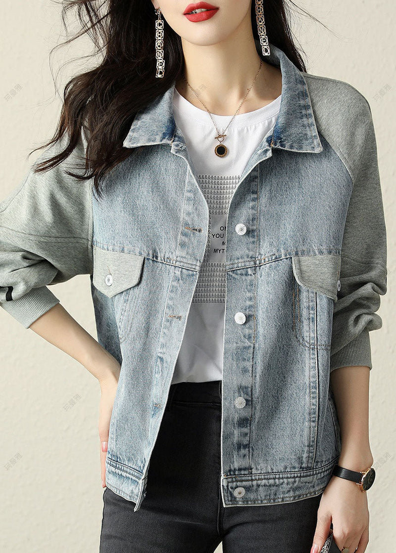 Modern Blue Peterpan Collar Button Patchwork Denim Jacket Spring