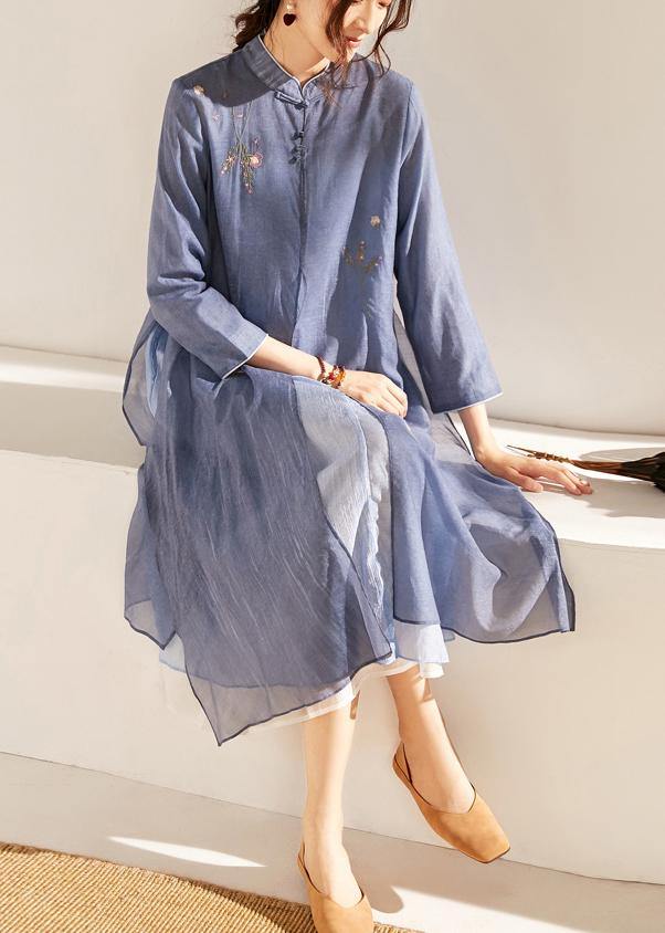 Blue Print Patchwork Button Summer Blended Holiday Dress