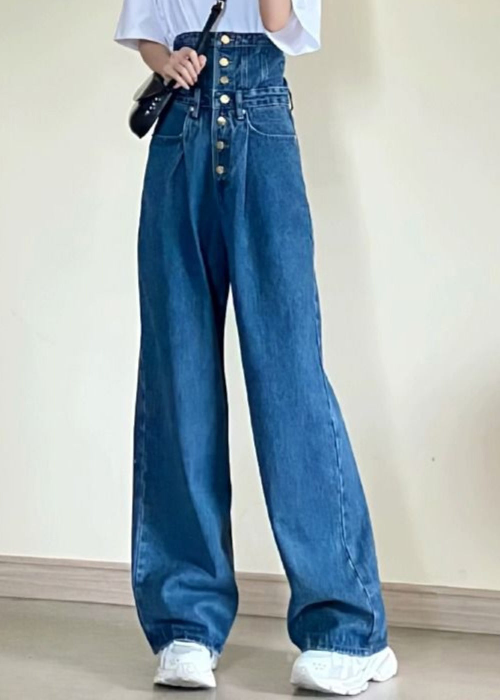 Blue High Waist Pockets Patchwork Straight Jeans Fall