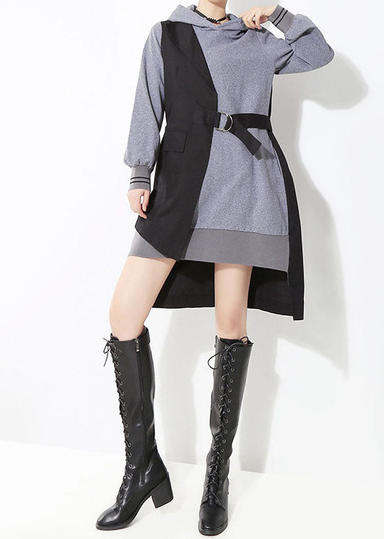 Style Grey Low High Design Tie Waist Hooded Patchwork Dresses Spring