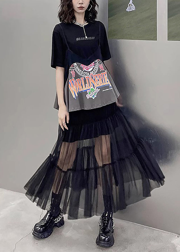 New Black O-neck Print Wrinkled Tulle Patchwork Two Pieces Set Summer