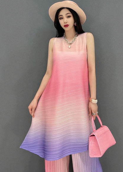 Pink Gradient Color O-neck Wrinkled Linen Two Pieces Set Sleeveless