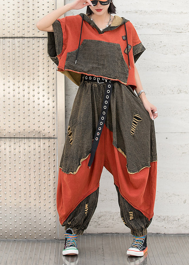 Colorblock Red Hooded Drawstring Patchwork Hole Tops and Harm Pants Two Pieces Set Short Sleeve