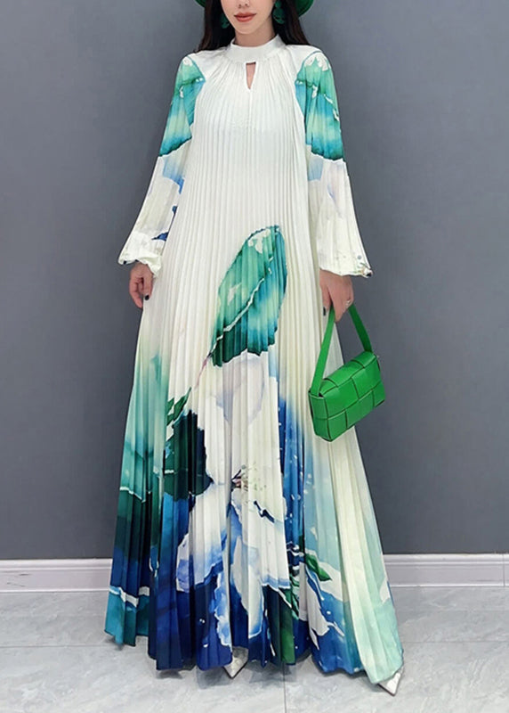 Green Turtleneck Print Tie Waist Long Dresses Long Sleeve