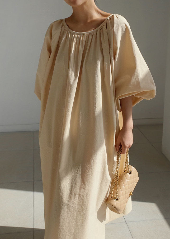 Simple Beige Cotton Pockets Holiday Dress Spring