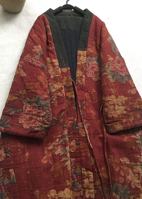 Red V Neck Print Fine Cotton Filled Long Coat Spring