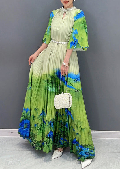 Green Turtleneck Print Tie Waist Maxi Dress Half Sleeve